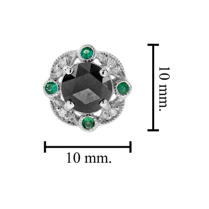 Round Black Diamond & Emerald Art Deco Inspired 14K White Gold Stud Earrings