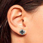 Round Black Diamond & Emerald Art Deco Inspired 14K White Gold Stud Earrings