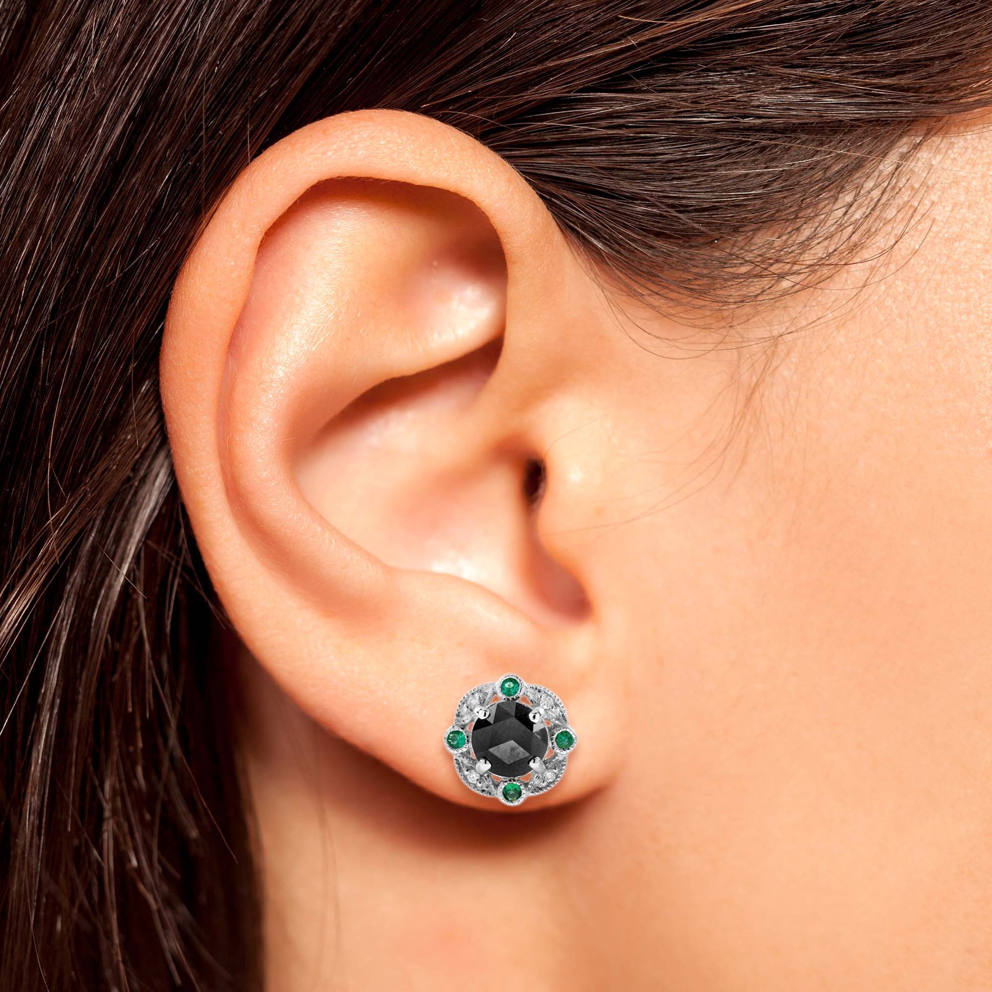 Round Black Diamond & Emerald Art Deco Inspired 14K White Gold Stud Earrings