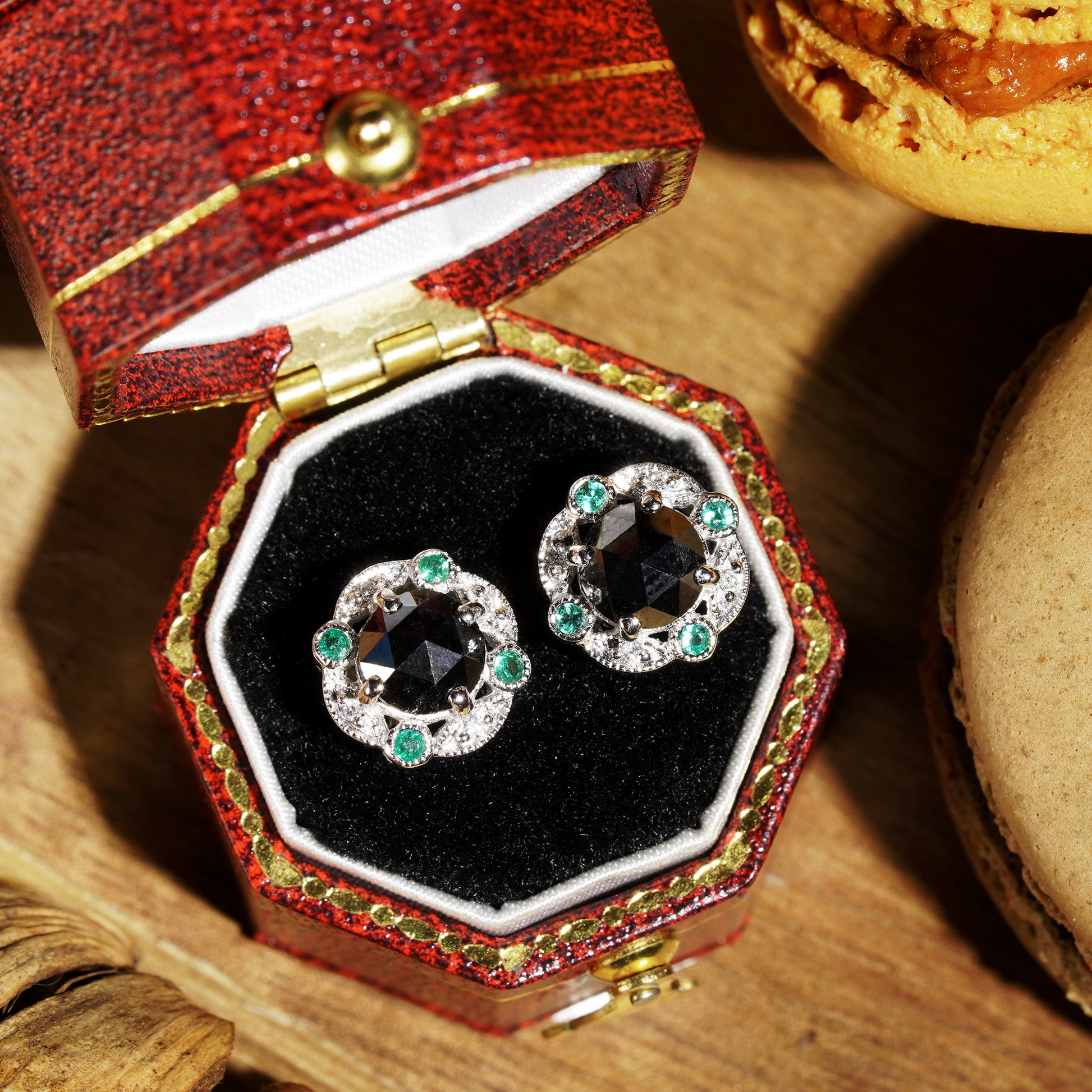 Round Black Diamond & Emerald Art Deco Inspired 14K White Gold Stud Earrings