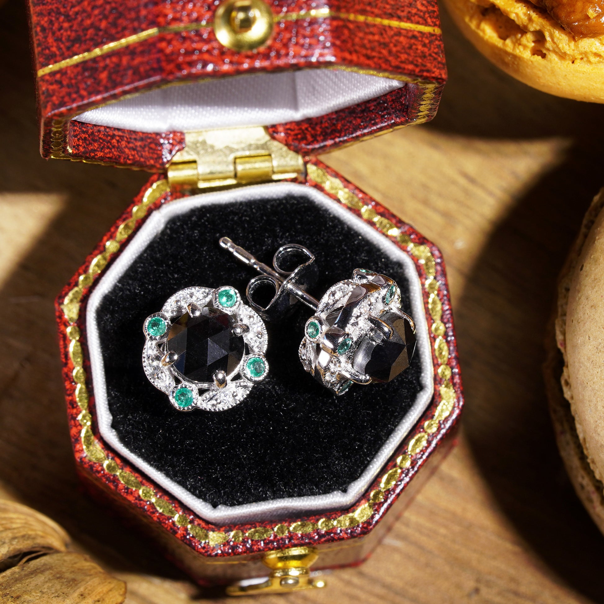 Round Black Diamond & Emerald Art Deco Inspired 14K White Gold Stud Earrings