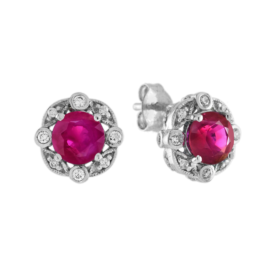 Red Pink Ruby & Diamond Antique Style 14K White Gold Stud Earrings