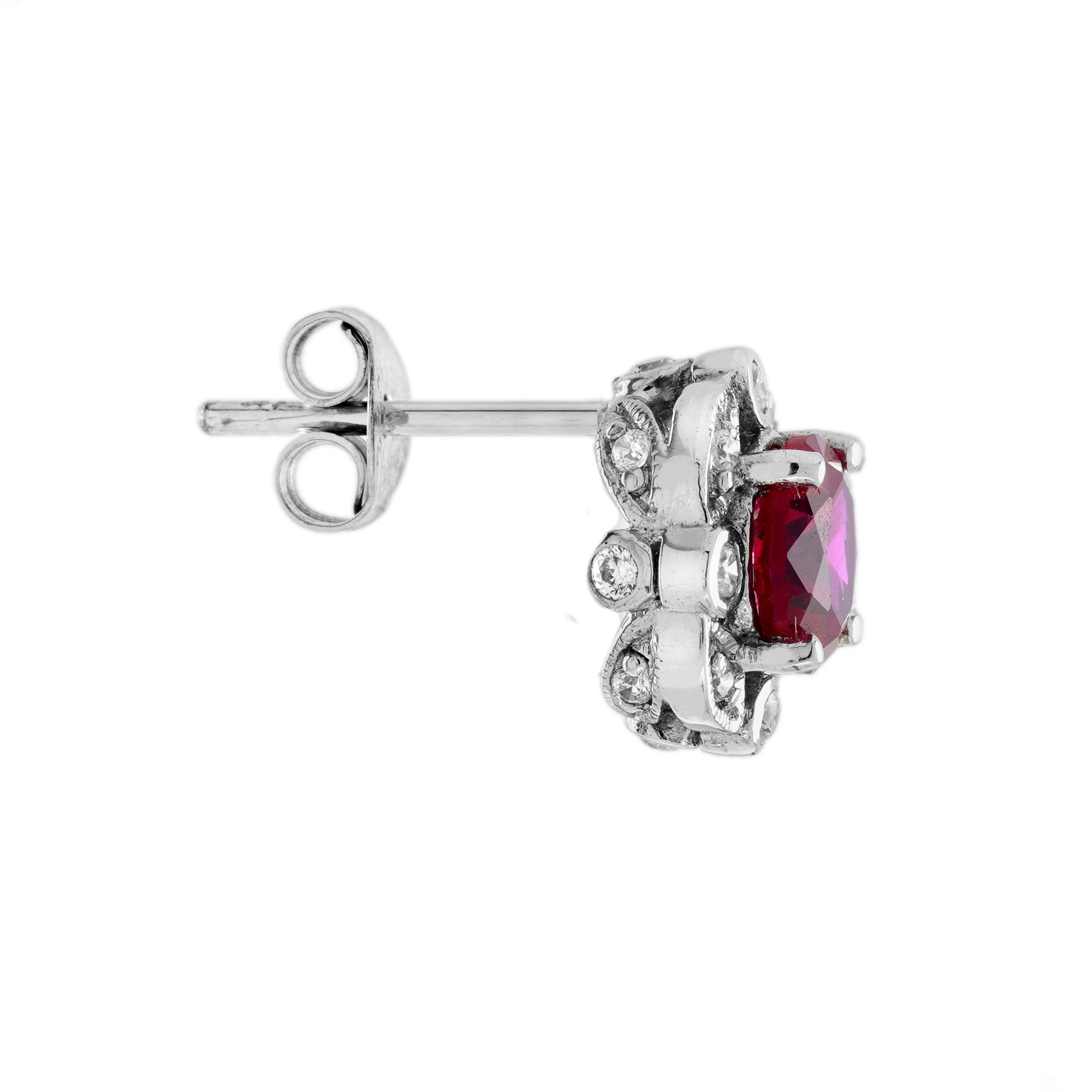 Red Pink Ruby &amp; Diamond Antique Style 14K White Gold Stud Earrings