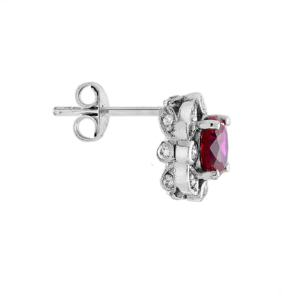 Red Pink Ruby &amp; Diamond Antique Style 14K White Gold Stud Earrings