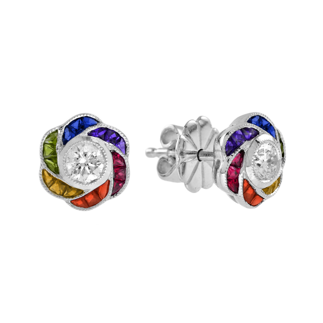 Diamond & Rainbow Sapphire Art Deco Style Floral Spiral Stud 14K White Earrings
