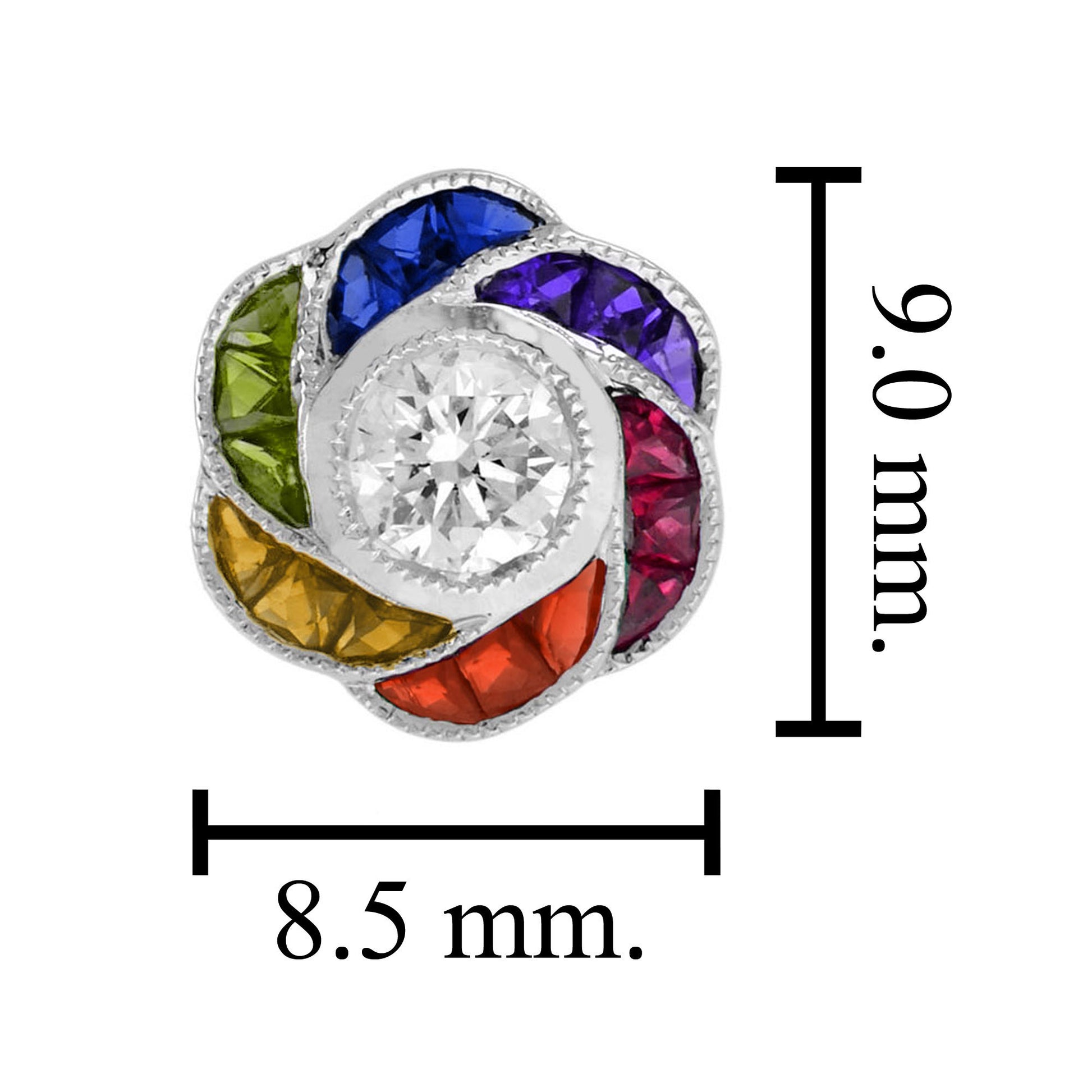 Diamond & Rainbow Sapphire Art Deco Style Floral Spiral Stud 14K White Earrings
