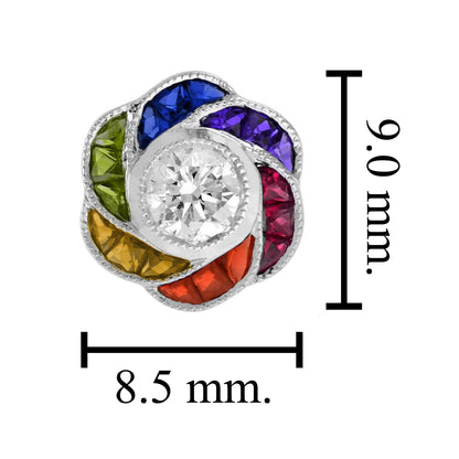 Diamond & Rainbow Sapphire Art Deco Style Floral Spiral Stud 14K White Earrings
