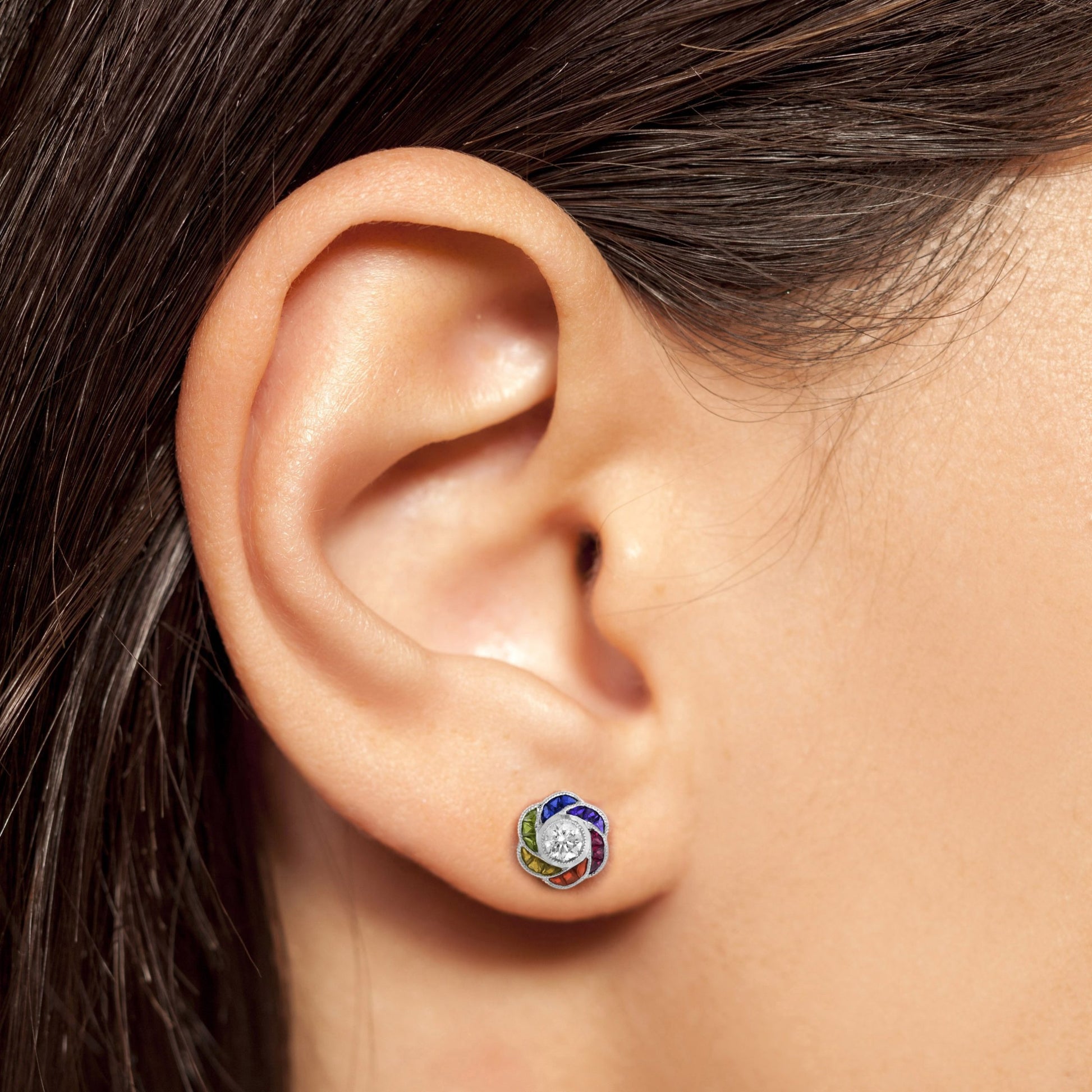 Diamond & Rainbow Sapphire Art Deco Style Floral Spiral Stud 14K White Earrings