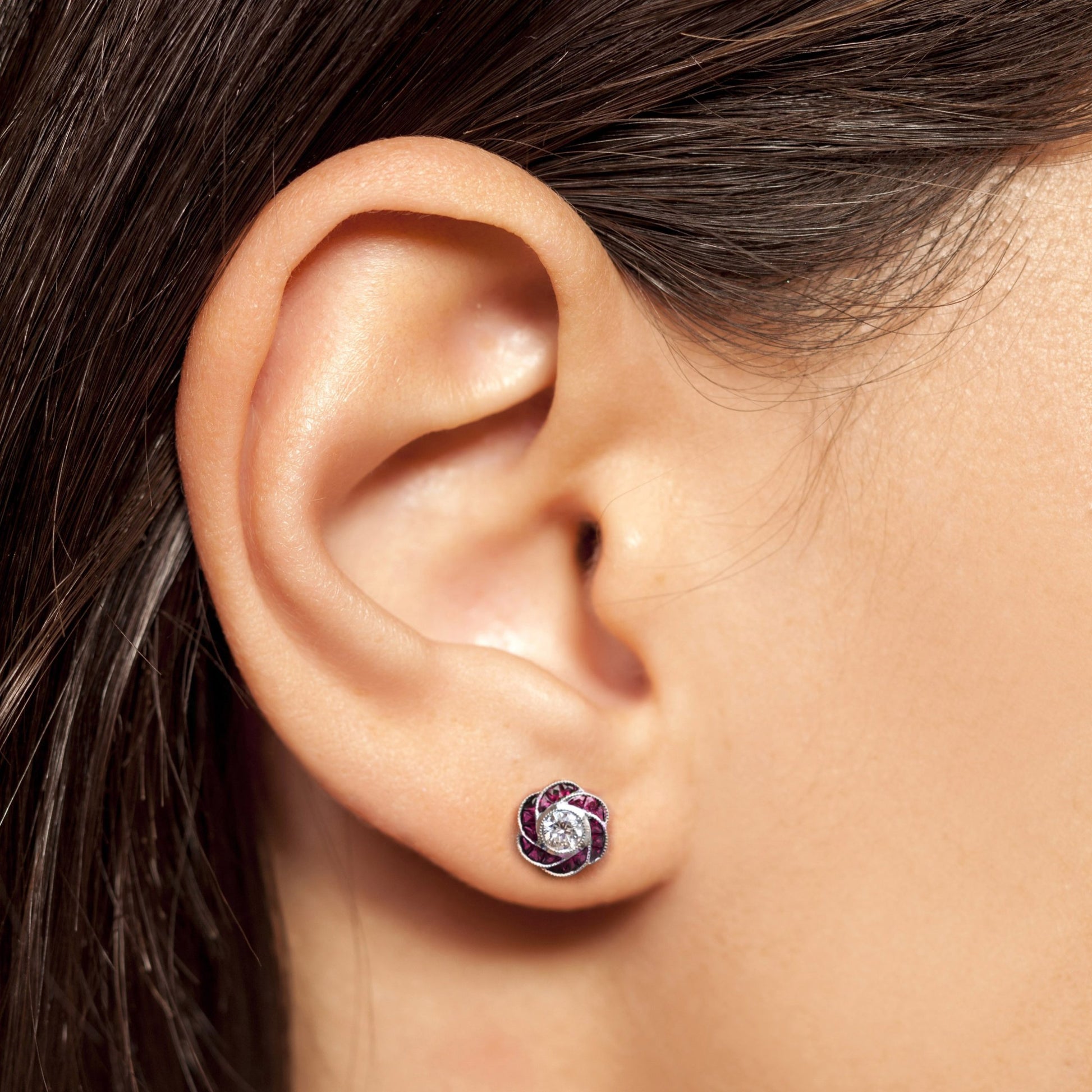 Round Diamond Red Pink Ruby Orange Sapphire Floral Stud 14K White Gold Earrings