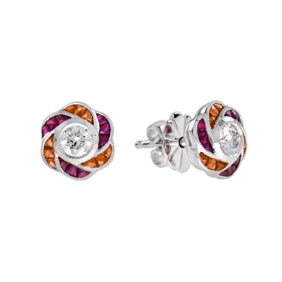 Round Diamond Red Pink Ruby Orange Sapphire Floral Stud 14K White Gold Earrings