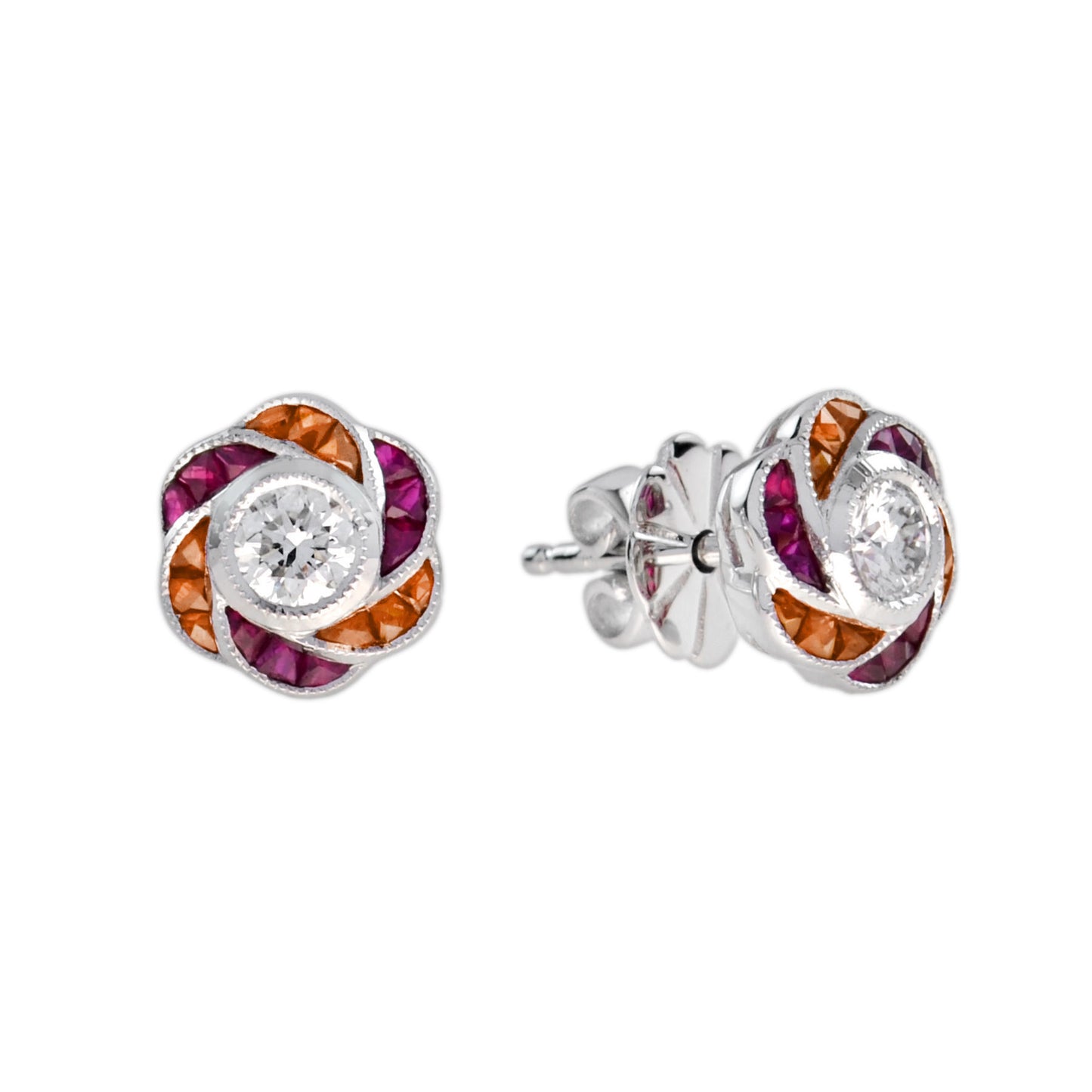 round diamond red pink ruby orange sapphire floral stud 14k white gold earrings
