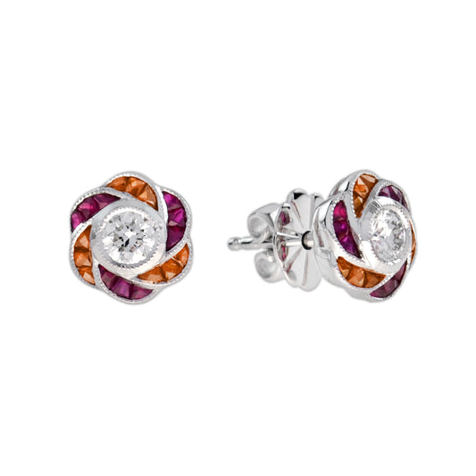 Round Diamond Red Pink Ruby Orange Sapphire Floral Stud 14K White Gold Earrings