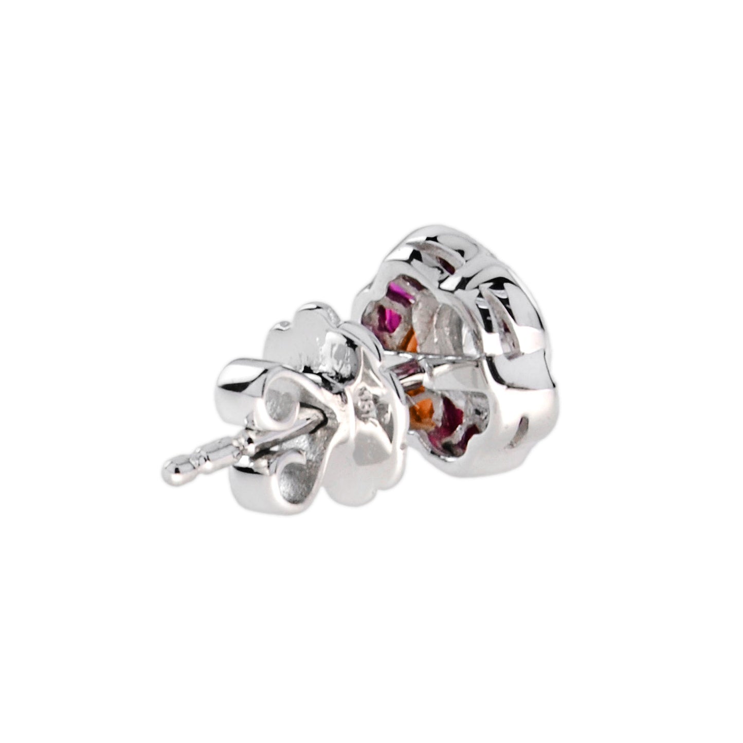 round diamond red pink ruby orange sapphire floral stud 14k white gold earrings