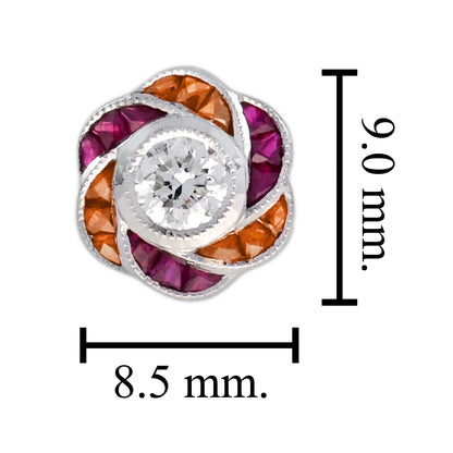 Round Diamond Red Pink Ruby Orange Sapphire Floral Stud 14K White Gold Earrings