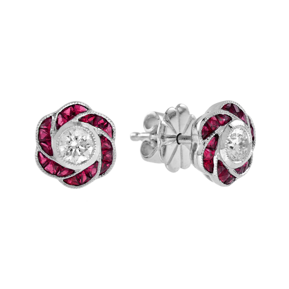 3.5mm Diamond & Red Pink Ruby Rose Petal Floral Stud 18K White Gold Earrings