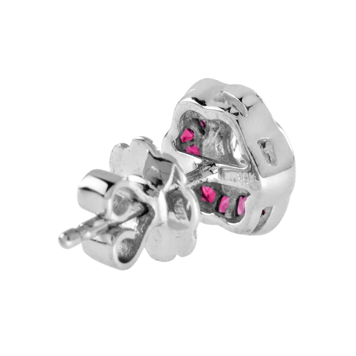 3.5mm diamond & red pink ruby rose petal floral stud 18k white gold earrings
