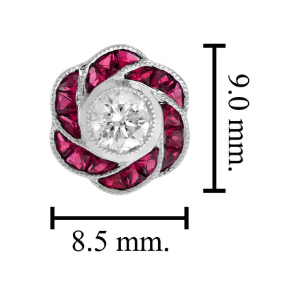 3.5mm Diamond & Red Pink Ruby Rose Petal Floral Stud 18K White Gold Earrings