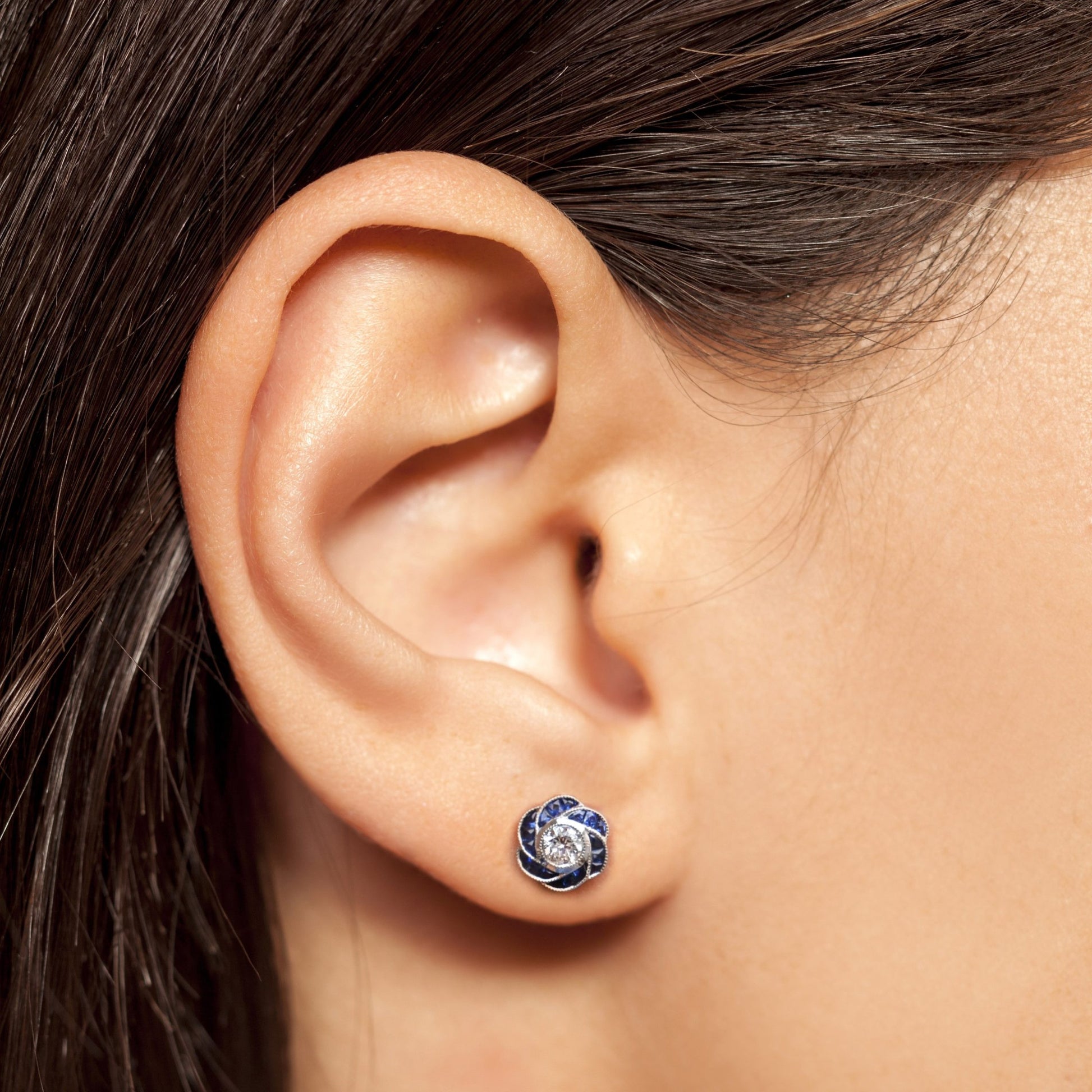 3.5mm Diamond & Blue Sapphire Rose Petal Floral Stud 18K White Gold Earrings