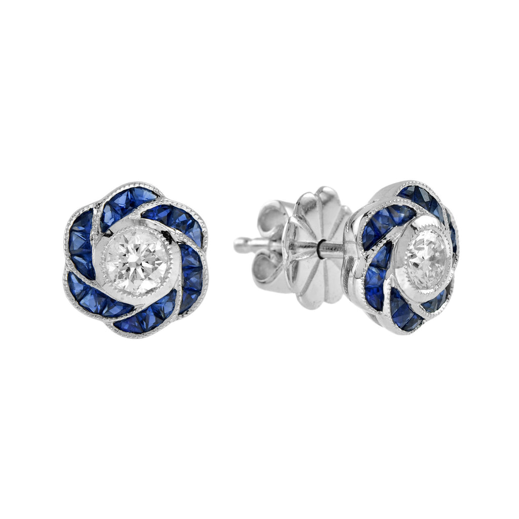 3.5mm Diamond & Blue Sapphire Rose Petal Floral Stud 18K White Gold Earrings
