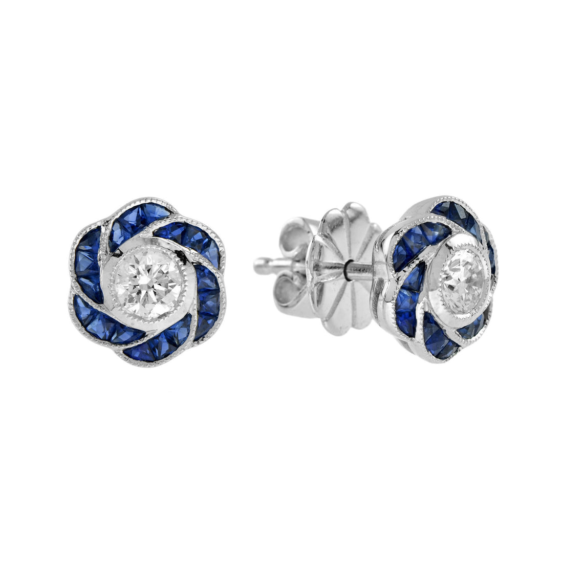 3.5mm Diamond &amp; Blue Sapphire Rose Petal Floral Stud 18K White Gold Earrings