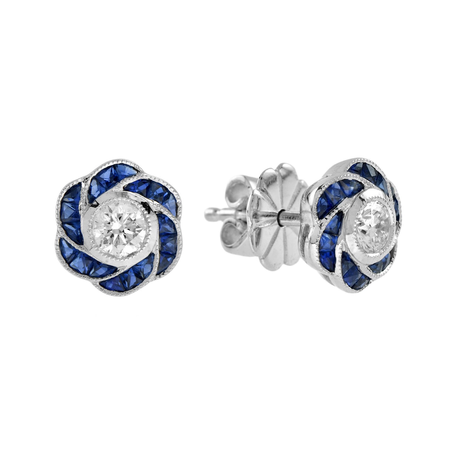 3.5mm diamond & blue sapphire rose petal floral stud 18k white gold earrings