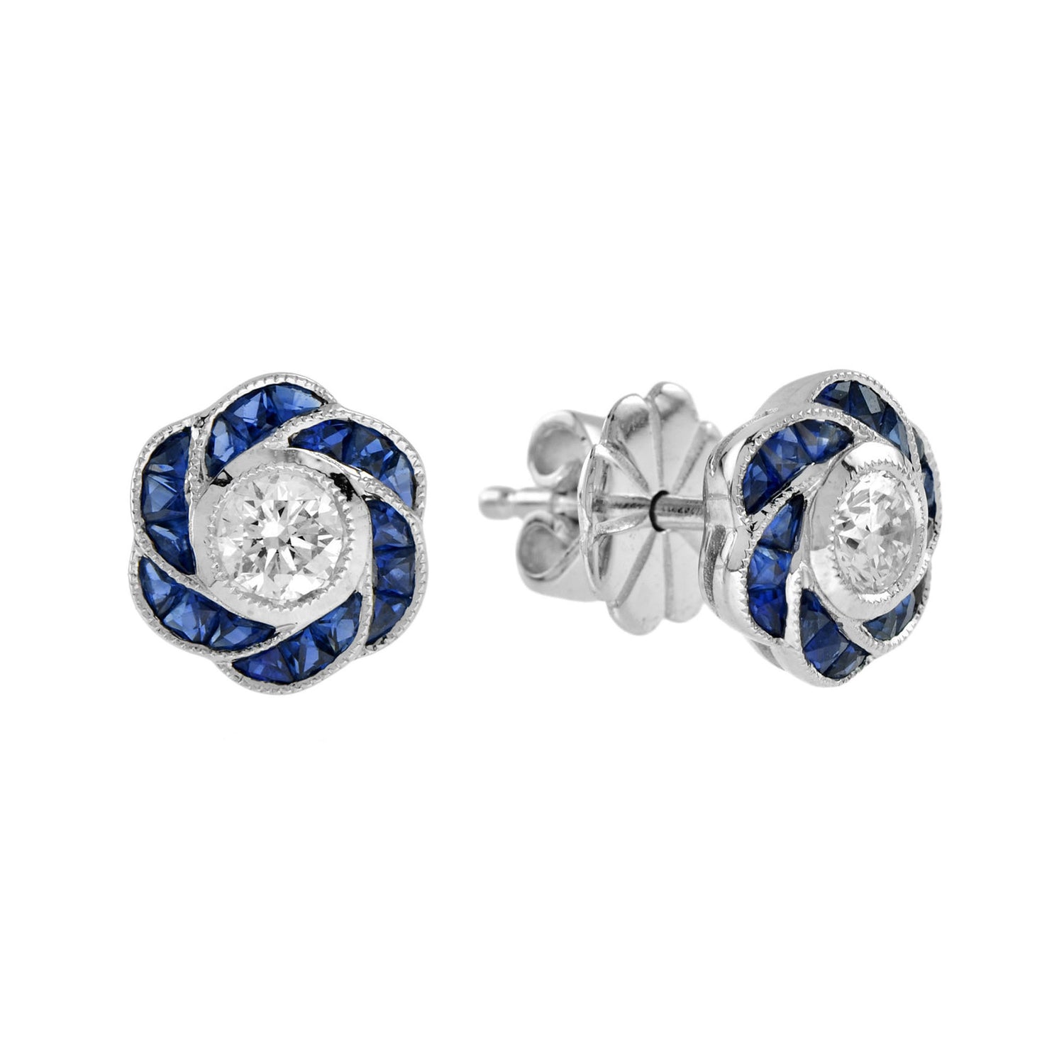 3.5mm Diamond &amp; Blue Sapphire Rose Petal Floral Stud 18K White Gold Earrings
