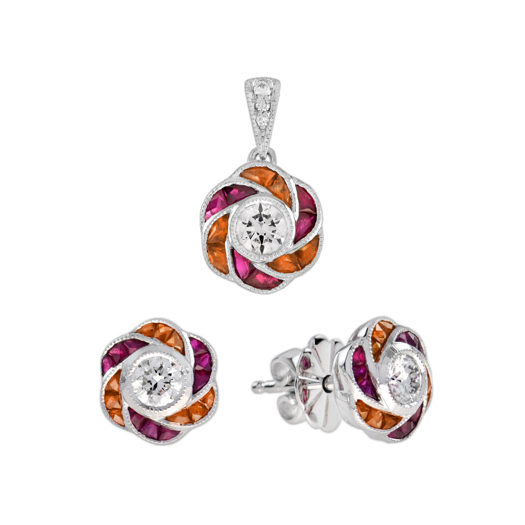 Diamond Red Pink Ruby Orange Sapphire Floral White Gold Earrings & Pendant Set