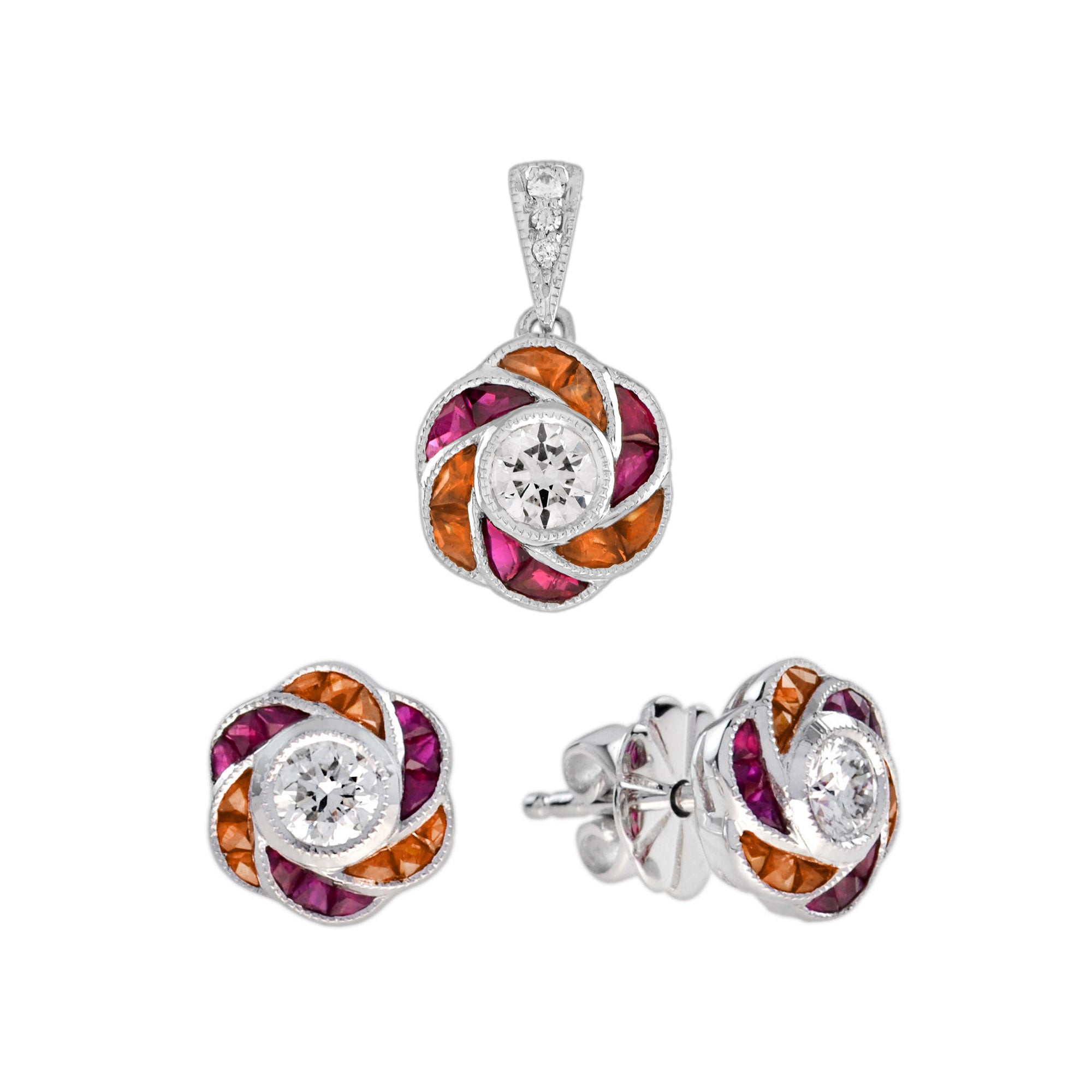 Diamond Red Pink Ruby Orange Sapphire Floral White Gold Earrings &amp; Pendant Set