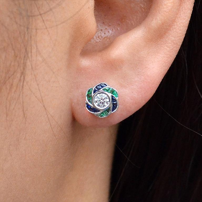 3.5mm Diamond Green Emerald & Blue Sapphire Rose Petal Stud 14K Gold Earrings