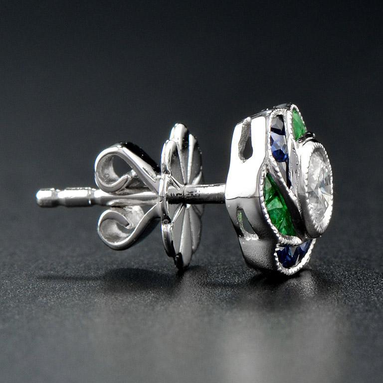 3.5mm Diamond Green Emerald & Blue Sapphire Rose Petal Stud 14K Gold Earrings