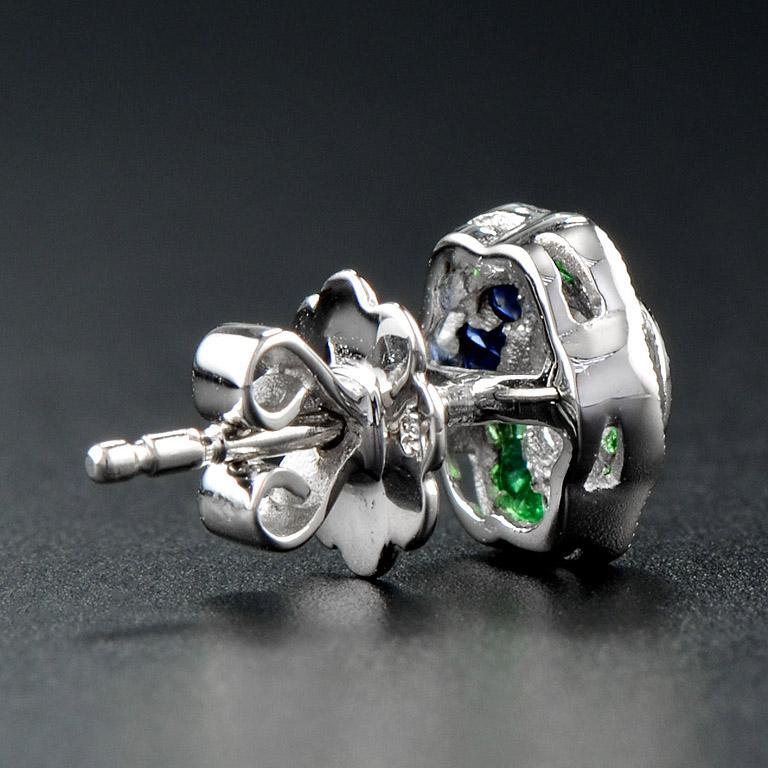 3.5mm diamond green emerald & blue sapphire rose petal stud 14k gold earrings