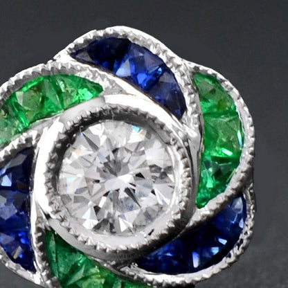 3.5mm Diamond Green Emerald & Blue Sapphire Rose Petal Stud 14K Gold Earrings