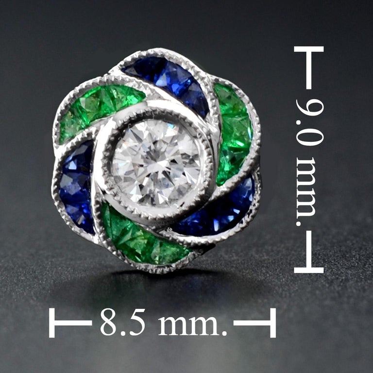 3.5mm Diamond Green Emerald & Blue Sapphire Rose Petal Stud 14K Gold Earrings