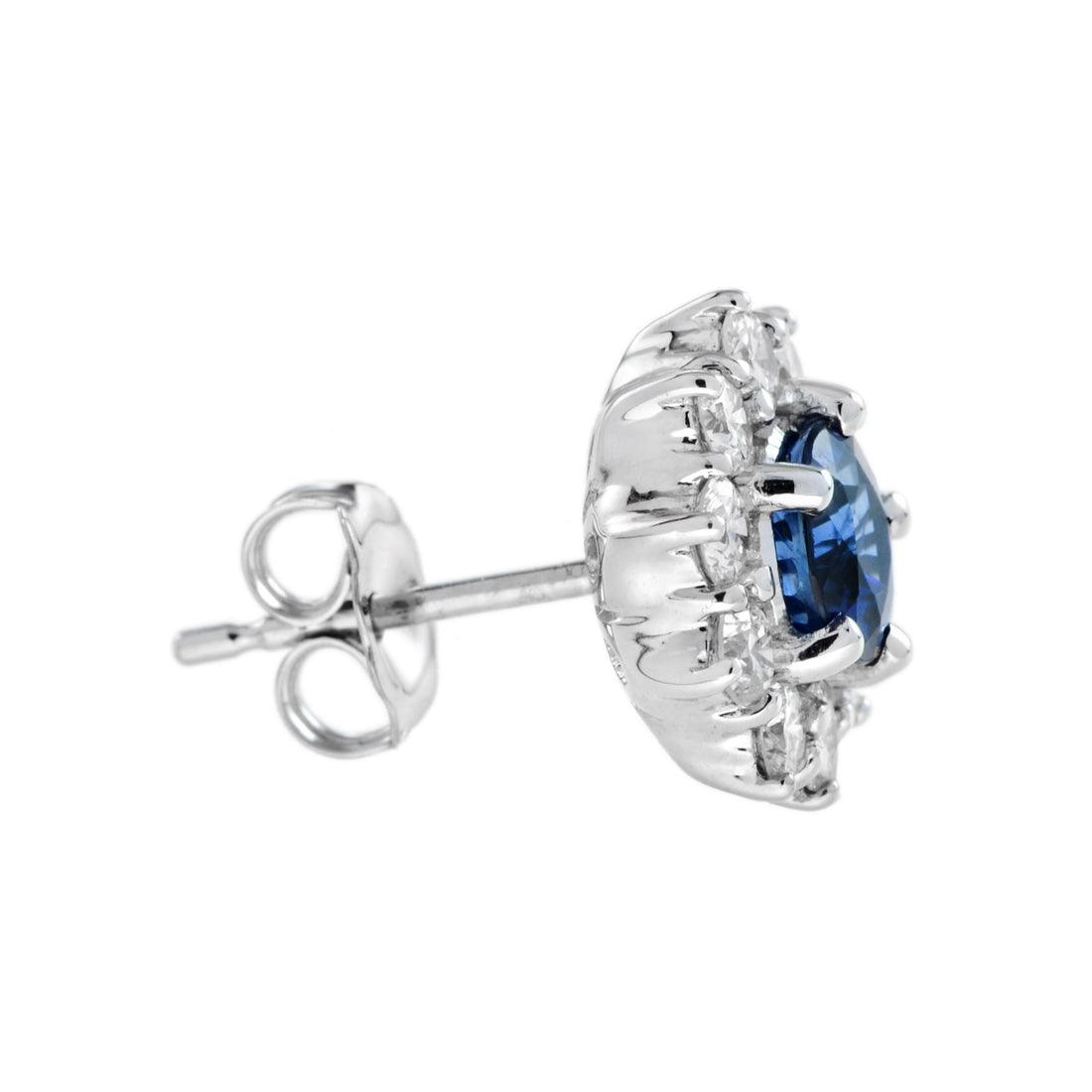 Round Cut Ceylon Blue Sapphire &amp; Diamond Halo Set Stud White Gold Earrings
