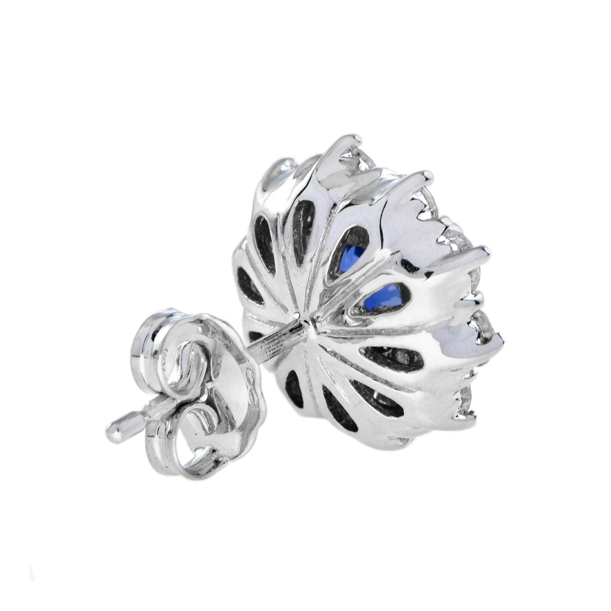 Round Cut Ceylon Blue Sapphire &amp; Diamond Halo Set Stud White Gold Earrings
