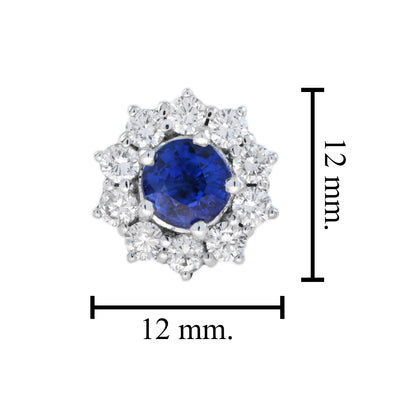 Round Cut Ceylon Blue Sapphire &amp; Diamond Halo Set Stud White Gold Earrings