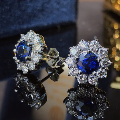 Round Cut Ceylon Blue Sapphire &amp; Diamond Halo Set Stud White Gold Earrings