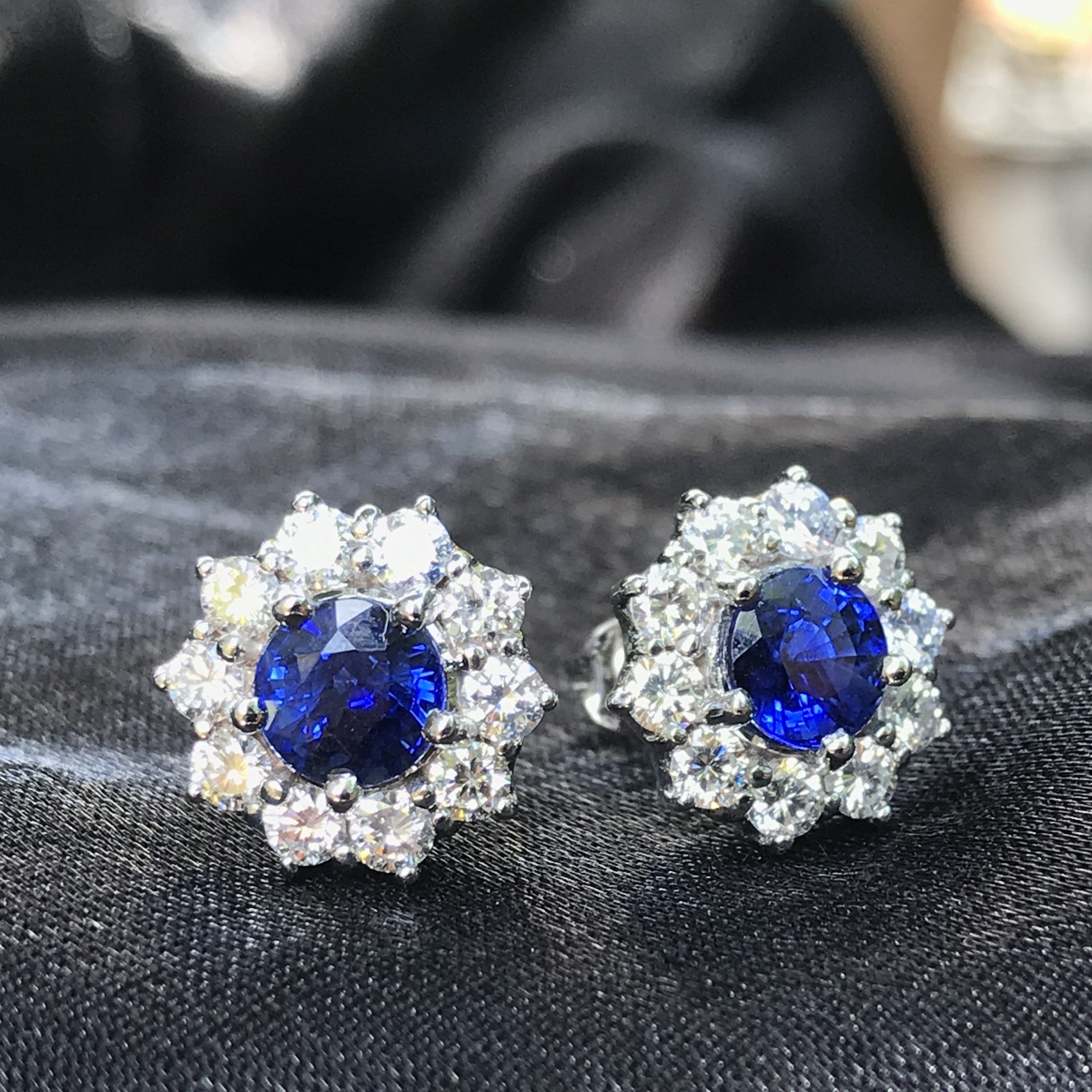 Round Cut Ceylon Blue Sapphire &amp; Diamond Halo Set Stud White Gold Earrings