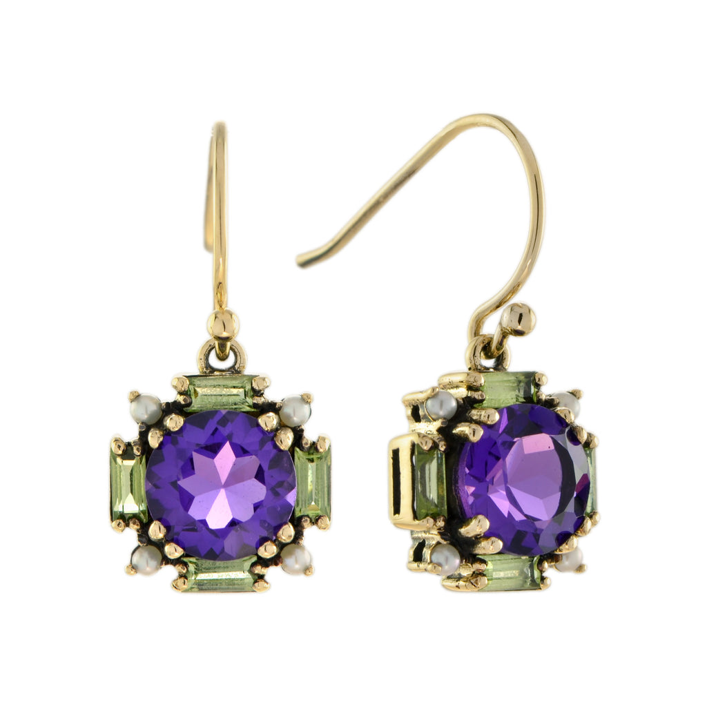 5.05 Ctw Vintage Style Amethyst, Peridot & Pearl 9K Yellow Gold Earrings