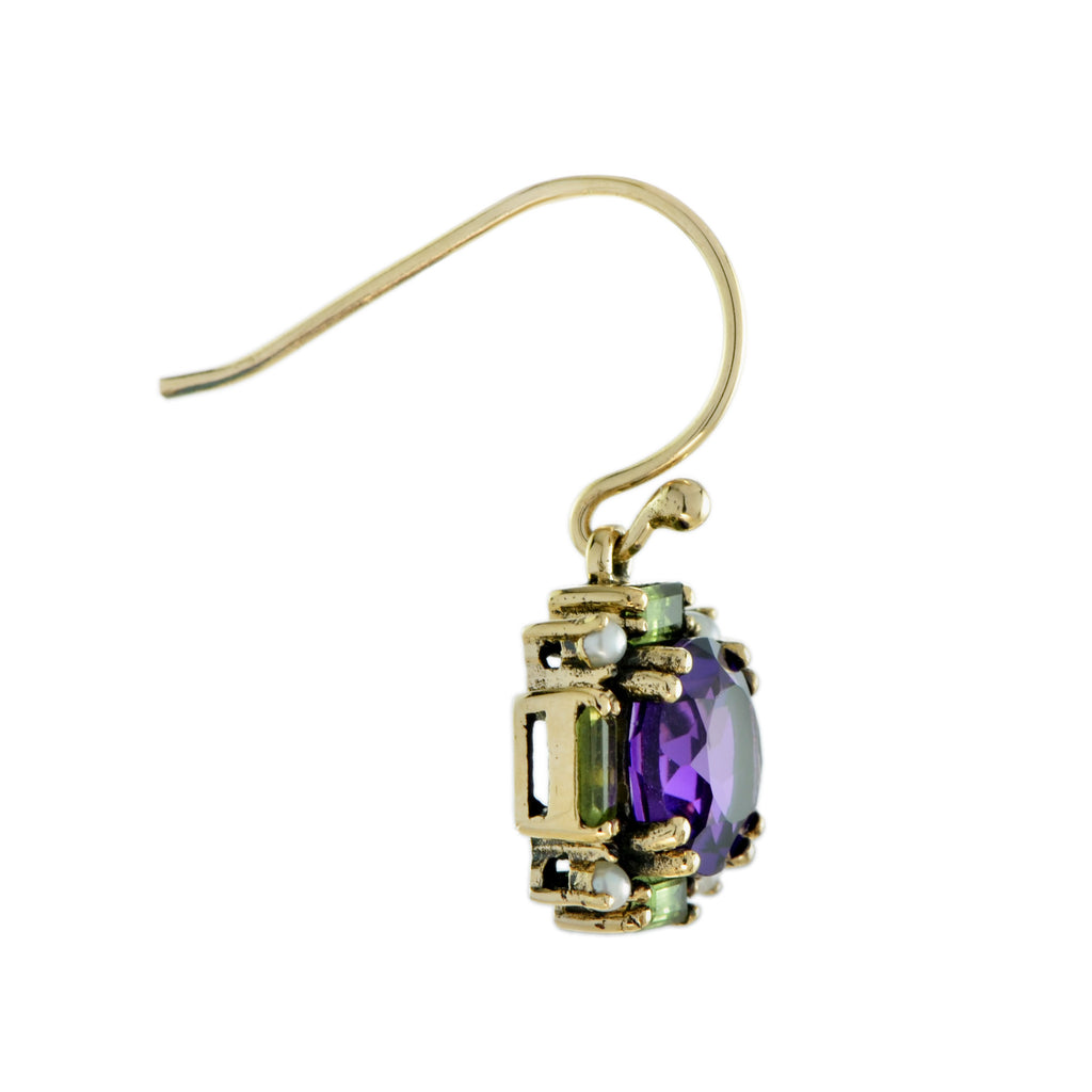 5.05 Ctw Vintage Style Amethyst, Peridot & Pearl 9K Yellow Gold Earrings
