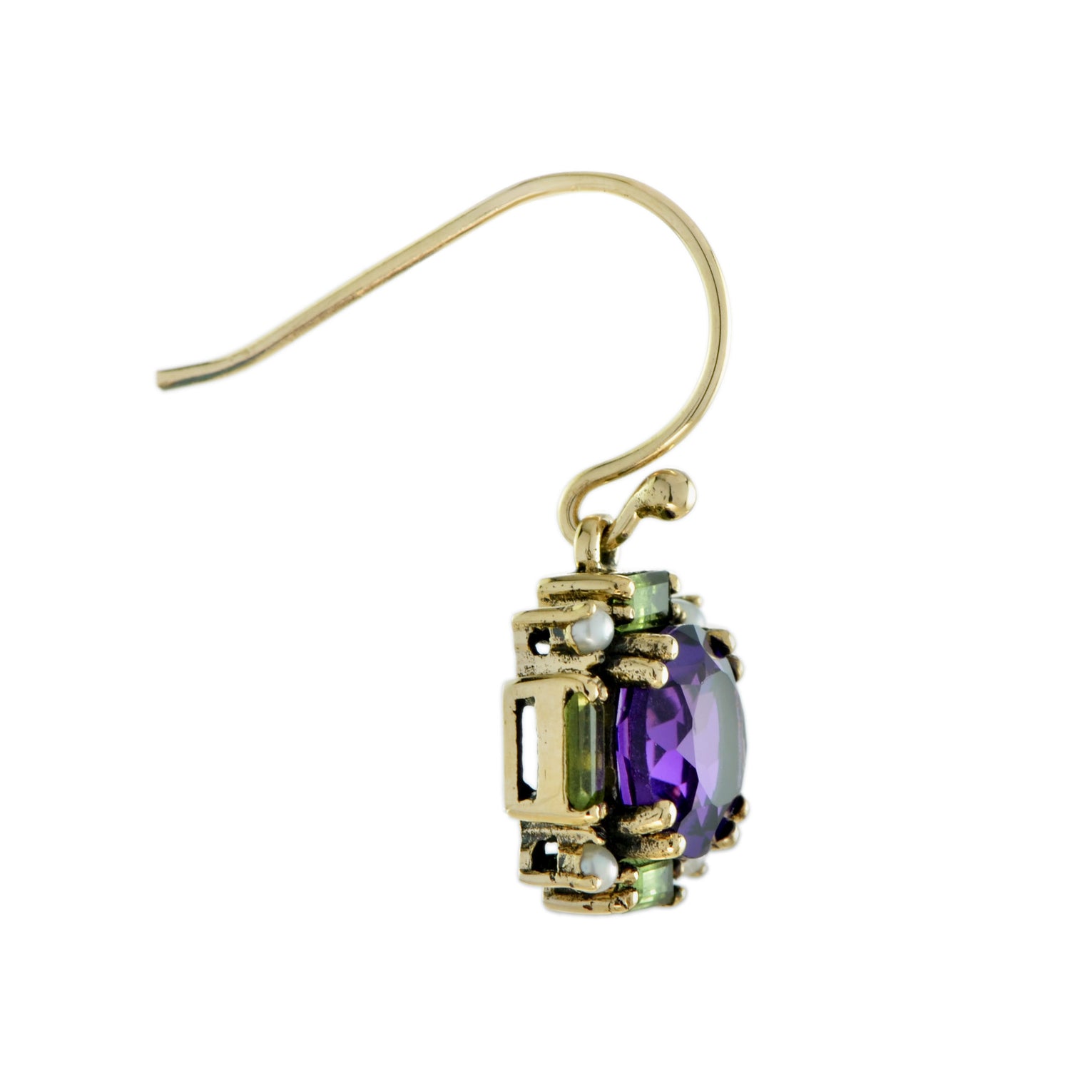 Amethyst &amp; Peridot Vintage Style Dangle 9K Yellow Gold Earrings