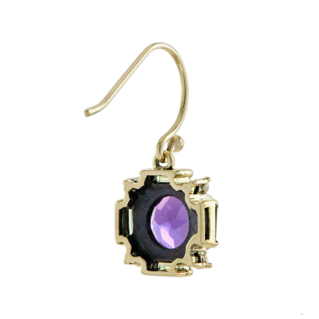 Amethyst & Peridot Vintage Style Dangle 9K Yellow Gold Earrings