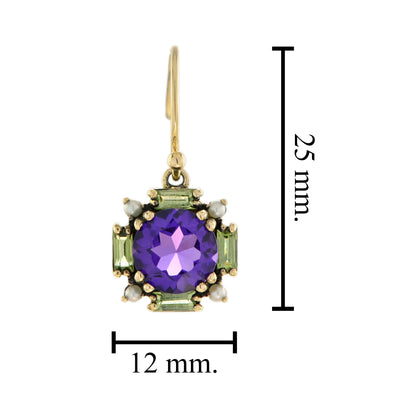 Amethyst & Peridot Vintage Style Dangle 9K Yellow Gold Earrings