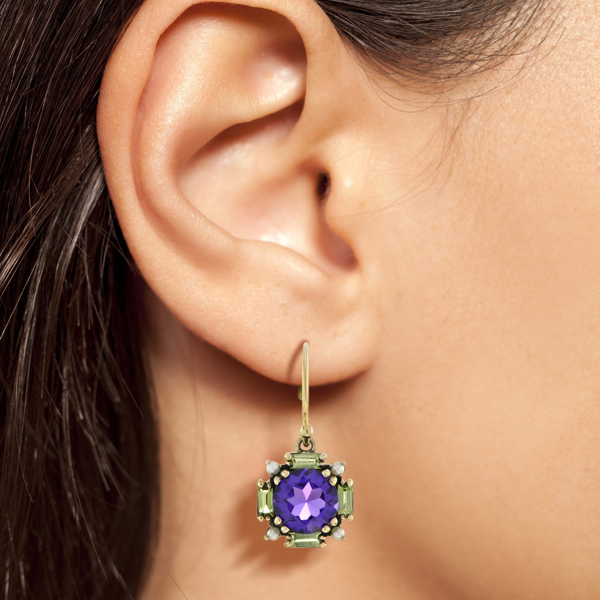 Amethyst & Peridot Vintage Style Dangle 9K Yellow Gold Earrings