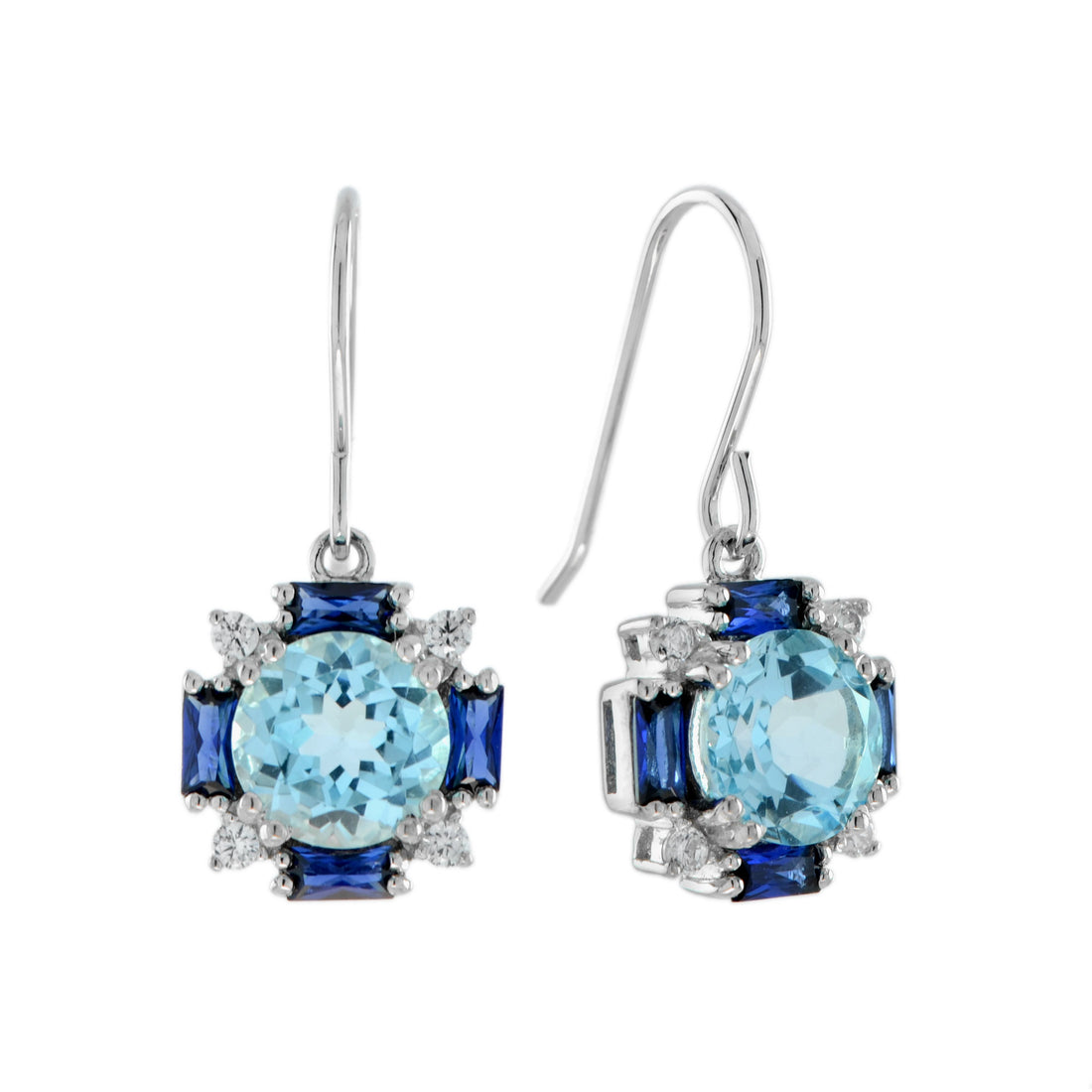 Blue Topaz & Blue Sapphire Diamond Vintage Style Dangle 14K White Gold Earrings