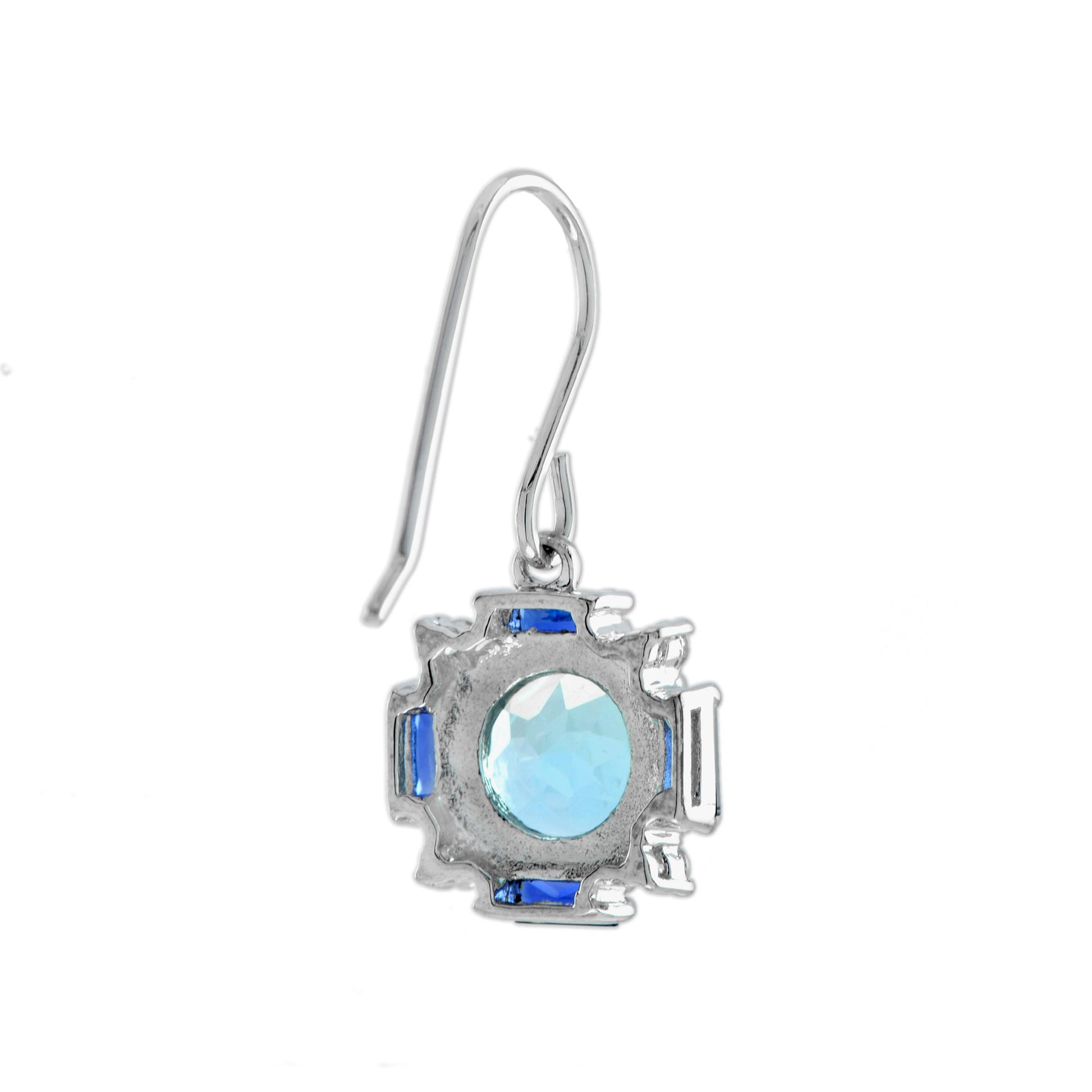 Blue Topaz & Blue Sapphire Diamond Vintage Style Dangle 14K White Gold Earrings