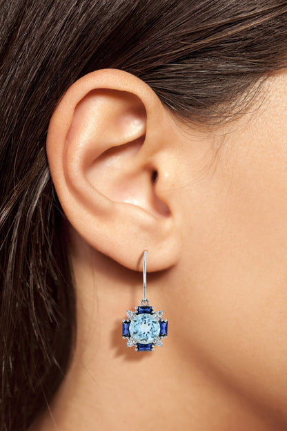 Blue Topaz & Blue Sapphire Diamond Vintage Style Dangle 14K White Gold Earrings