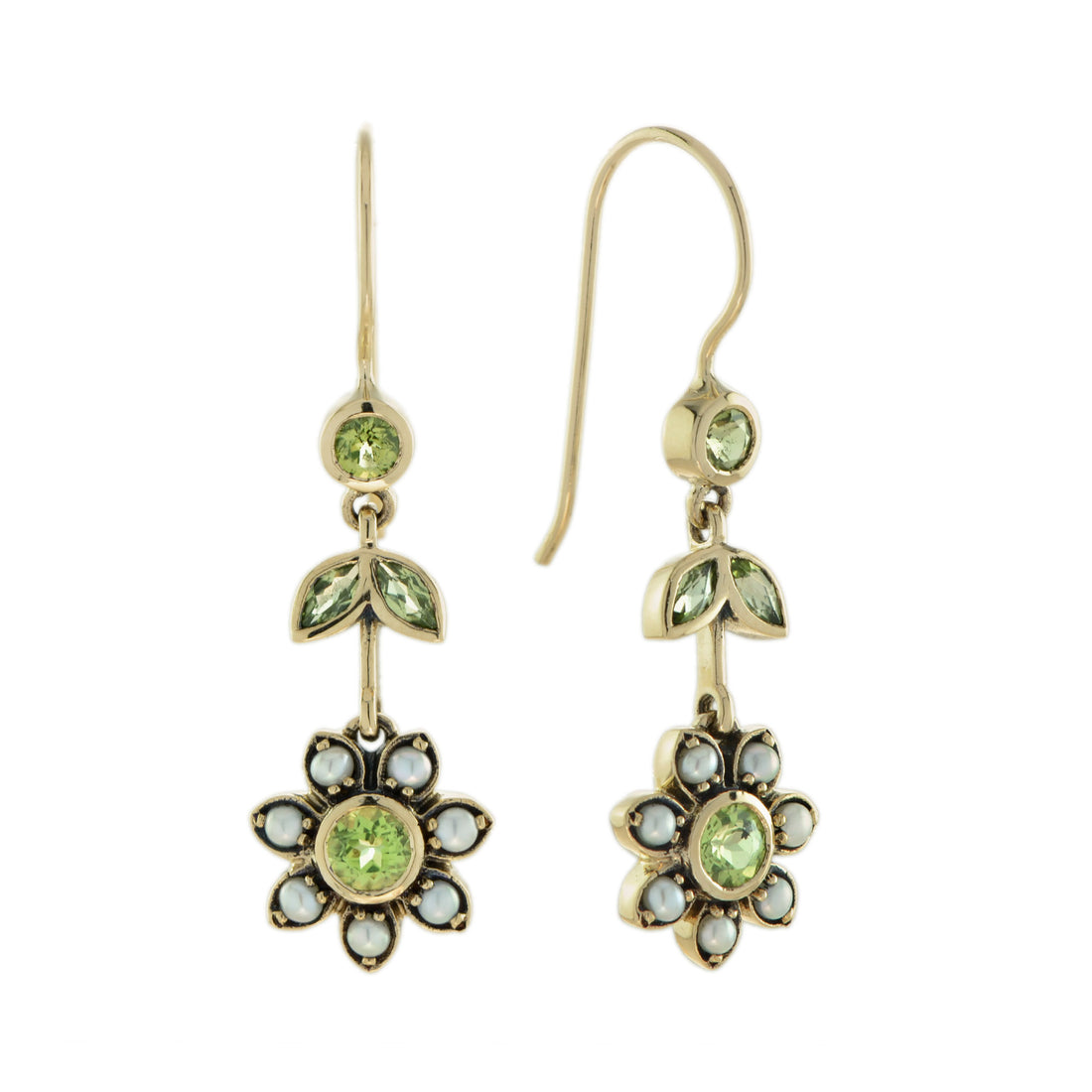 Green Peridot &amp; Pearl Vintage Style Floral Drop 9K Yellow Gold Earrings
