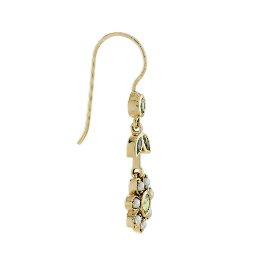 Green Peridot &amp; Pearl Vintage Style Floral Drop 9K Yellow Gold Earrings