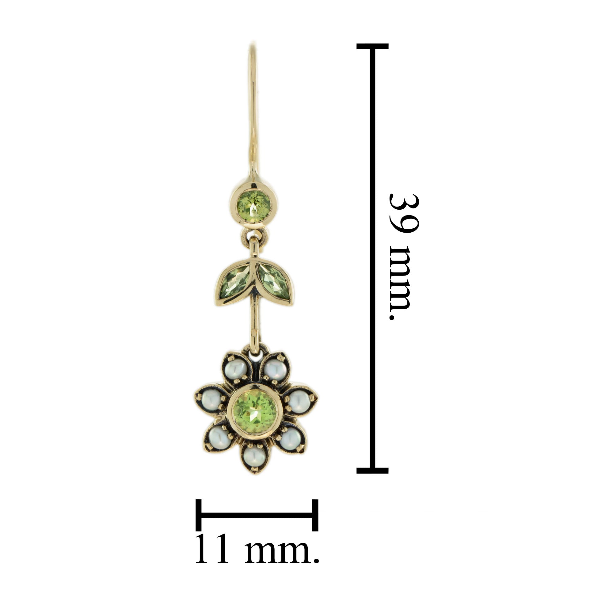 Green Peridot & Pearl Vintage Style Floral Drop 9K Yellow Gold Earrings